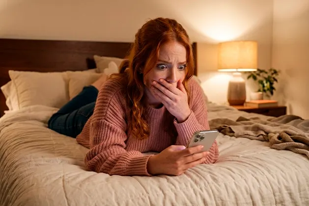 Foto de mujer joven acostada boca abajo en su cama mientras mira la pantalla de su celular con expresión de miedo