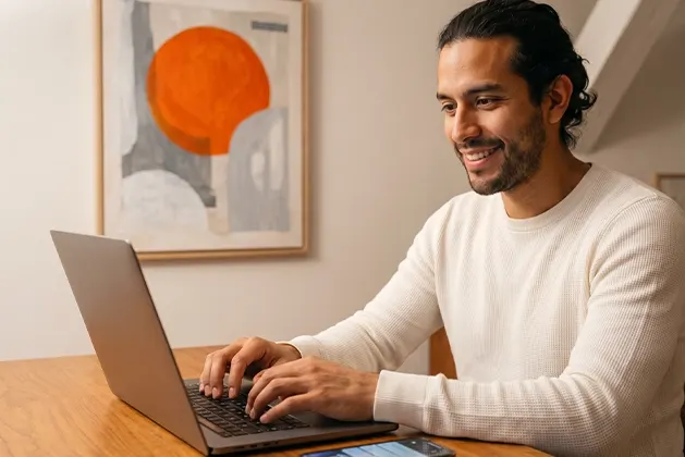 Foto de hombre joven mirando la pantalla del computador mientras su celular arroja una notificacion