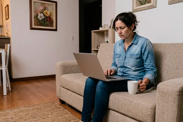 Foto de mujer sentada en un sofá mientras mira preocupada el computador