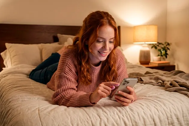 Foto de mujer joven acostada boca abajo en su cama mientras mira la pantalla de su celular e intteractua con su mano izquierda