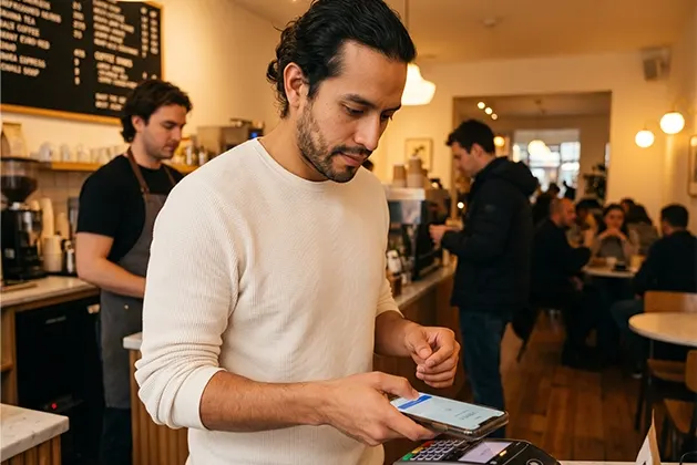 Foto de hombre con cara de preocupación al momento de haccer un pago con su celular