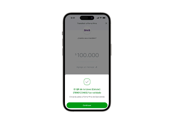 Valida el código QR (Llave del destinatario), selecciona la cuenta desde donde saldrá la plata y haz clic en Continuar.