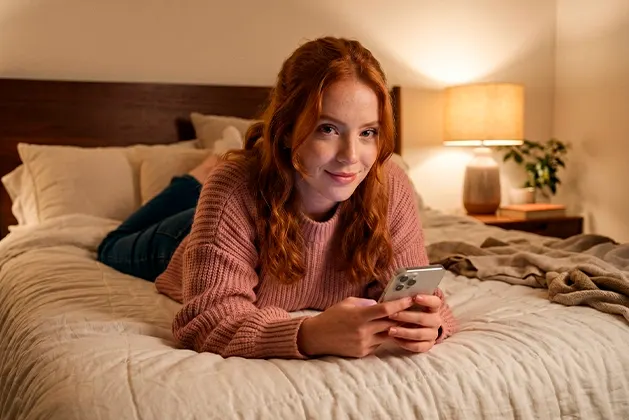 Foto de mujer joven acostada boca abajo en su cama mientras mira la pantalla de su celular mientras sonrie a la cámara