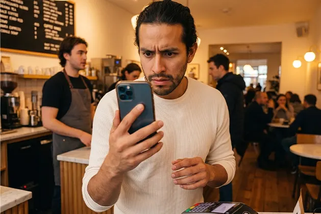 Foto de hombre con cara de preocupación apuntando su dedo a la pantalla del celular