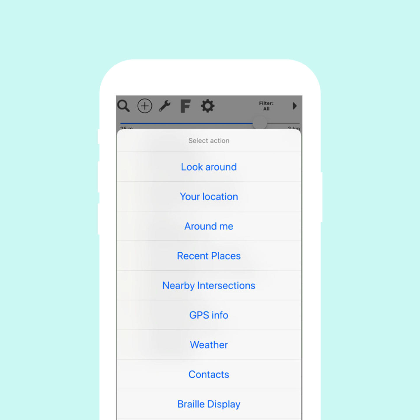An image of a screen on the Blindsquare app showing. alist of options including "look around", "your location" and "around me".
