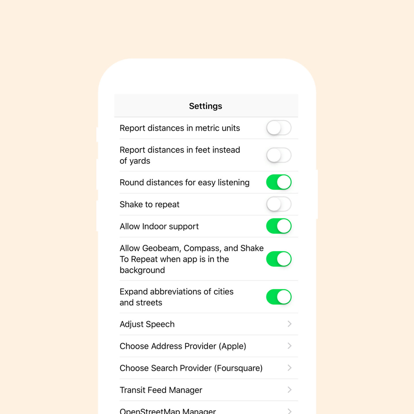 Image of a screen in the APH app. Shows settings which can be toggled such as "report distance in feet instead of yards" and "allow indoor support".