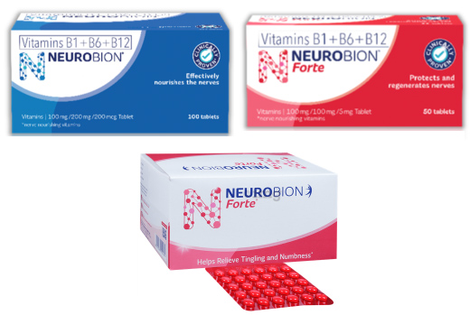 A navy blue coloured packet of Neubion tablets. A red coloured packet of Neurobion Forte tablets. A red coloured packet of Neurobion Forte, with the pack of tablets in front of the box.