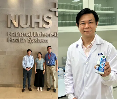 A collage showing Dr Wong with his collaborators at NUHS, and Dr. Wong holding the Vicks First Defense Nasal Spray