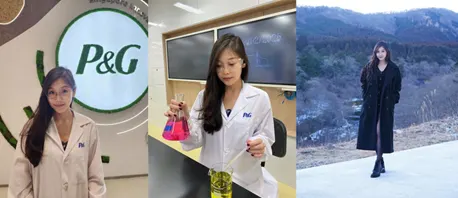 Pictures of Eileen in a lab coat working at the formulations lab, and on vacation