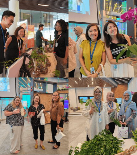A collage of pictures showing enthiusiastic P&G employees participating in the Sustainability Market