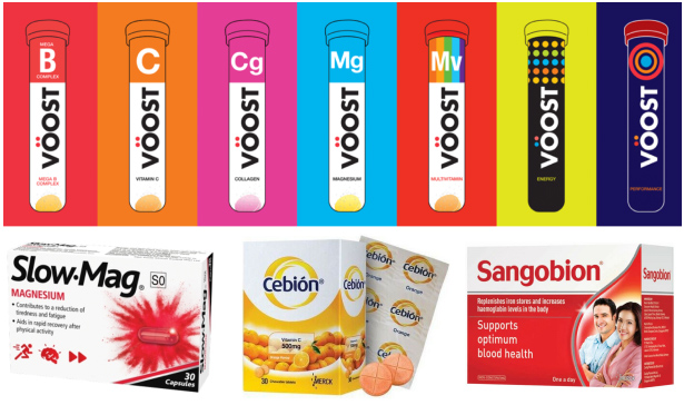 An assortment of products from the Vitamins, Minerals and supplements (VMS) pillar, including VOOST (effervescent vitamin tablets), SlowMag (Magnesium), Cebion (Vitamin C) and Sangobion (Iron tablets).