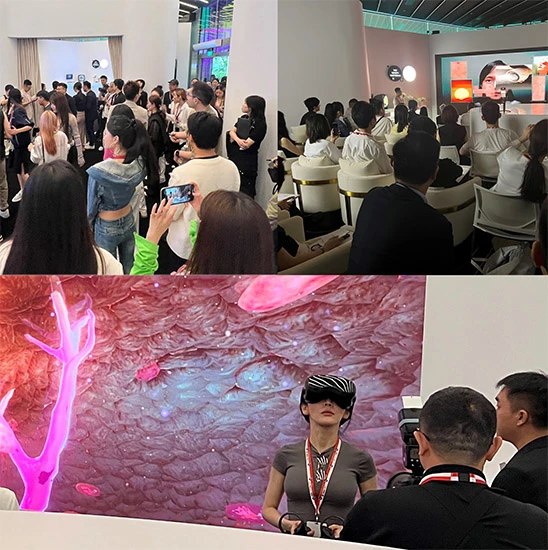 3 pictures: 1) a crowd of influencers preparing to enter the event; 2) a seated audience viewing the opening movie; 3) an influencer peering upward, wearing a Virtual reality headset, against a vividly colored Skin Virtual Reality experience