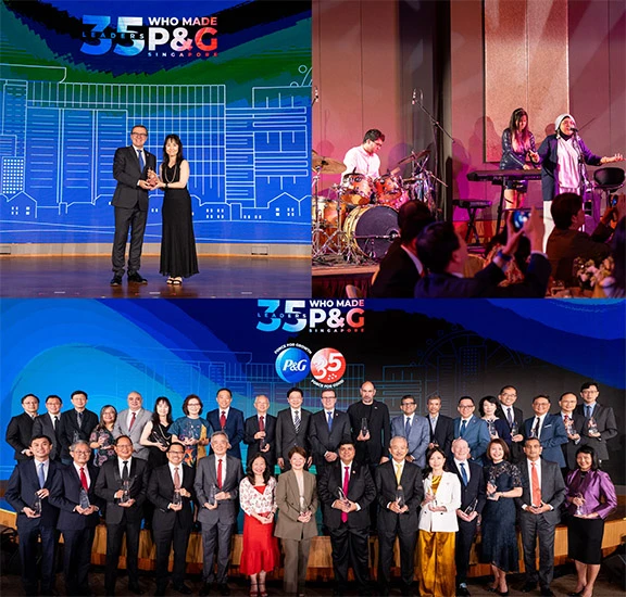3 pictures of the P&G 35th anniversary event: 1) Nakamura-san receiving an award from Standa Vecera 2) the SgIC band entertaining the audience 3) The Award recipients and guests of honor, including PM Lawrence Wong, posing for a group photo onstage