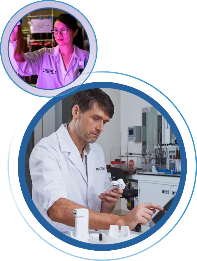 Two images: Woman scientist holding a strand of hair & male scientist working in a laboratory