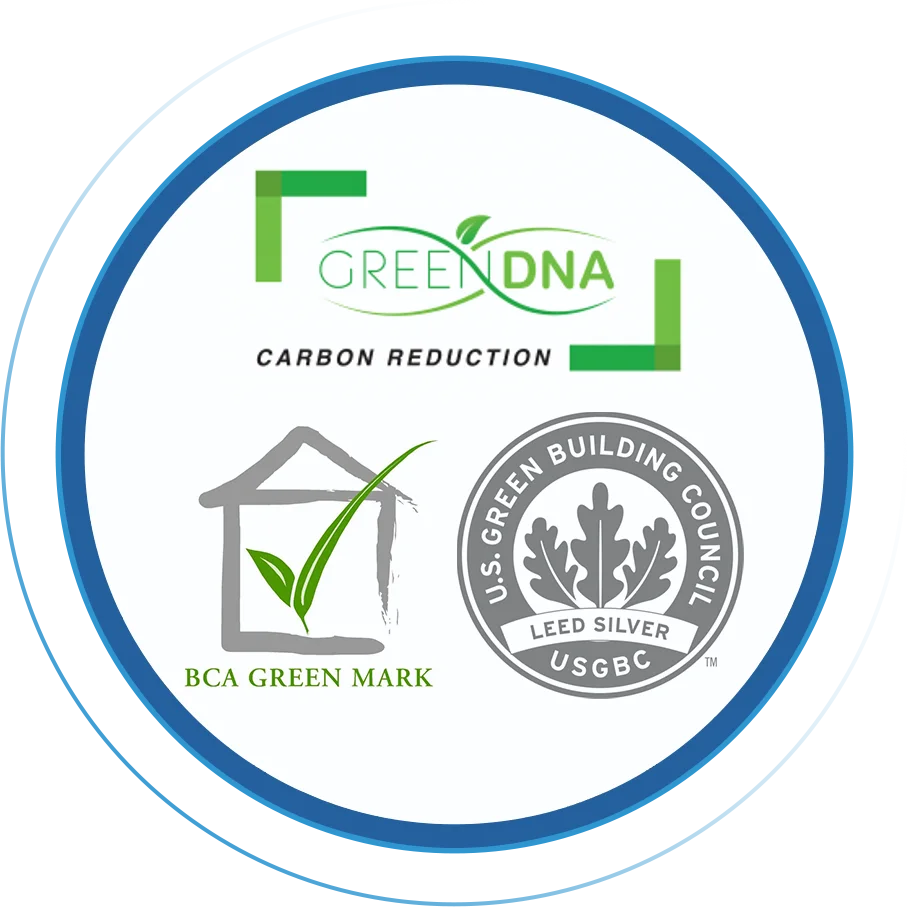 GREN DNA logo, BCA GREEN MARK logo, USGBC LEED SILVER logo