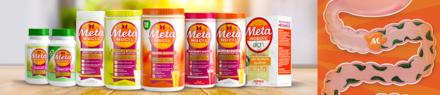 Bottles of Metamucil (digestive and fiber supplements) powder of different flavours (orange, berry and lemon lime) along with its mechanism of action.