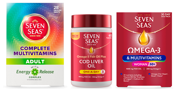 An assortment of products from the Vitamins, Minerals and supplements (VMS) pillar, including Seven Seas (Complete multivitamins), Seven Seas (Cod liver oil) and Seven Seas (Omega-3 & Mulitvitamins)