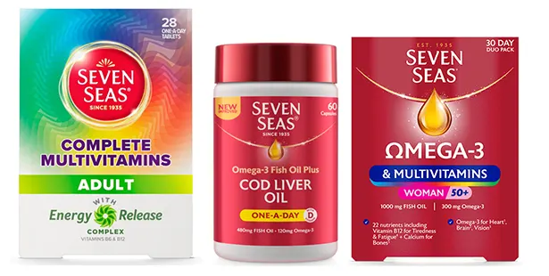 An assortment of products from the Vitamins, Minerals and supplements (VMS) pillar, including Seven Seas (Complete multivitamins), Seven Seas (Cod liver oil) and Seven Seas (Omega-3 & Mulitvitamins)