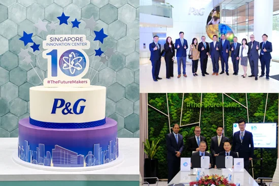 3 pictures of SgIC 10th anniverary event: 1) a 2-tiered cake with a star spangled decoration on top 2) a group of senior leaders and VIP guests in the lobby of the SgIC 3) two men seated at the end of a boardroom table.