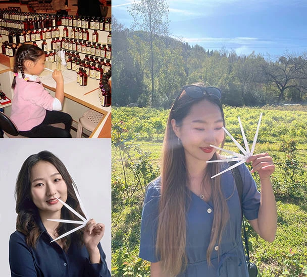 A collage. The first is Ye Rim as a child, smelling perfume strips in front of an array of perfume bottles. The second is Ye Rim standing in a lush field of lavender, nose to a fan of smelling strips. The third is Ye Rim at P&G, smelling strips in hand