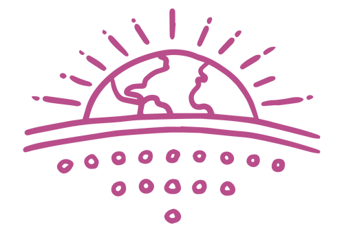 Pink line art icon representing sustainability - the earth rising on a horizon with beams of light coming out of it. 