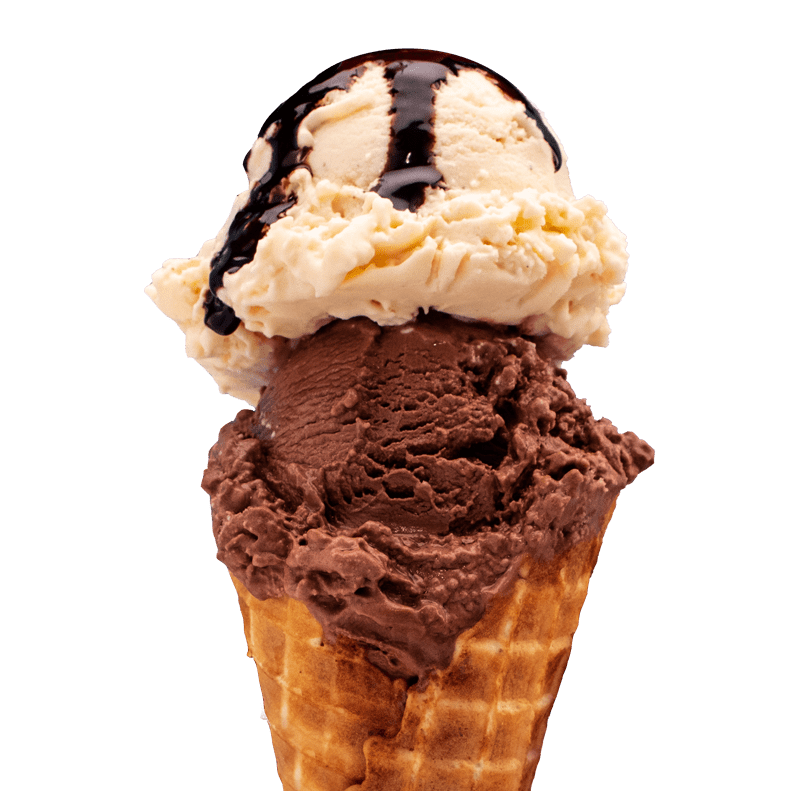 Ice cream cone with a scoop of vanilla and a scoop of chocolate, drizzled with chocolate syrup