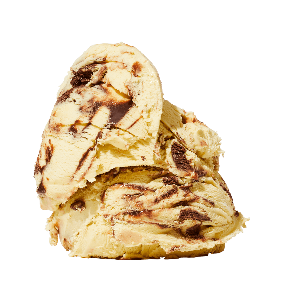 Two scoops of Golden Banana Brownie Swirl ice cream
