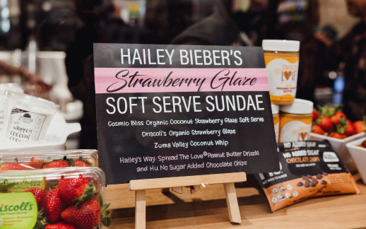 Hailey Bieber's Strawberry Glaze Soft Serve Sundae sign