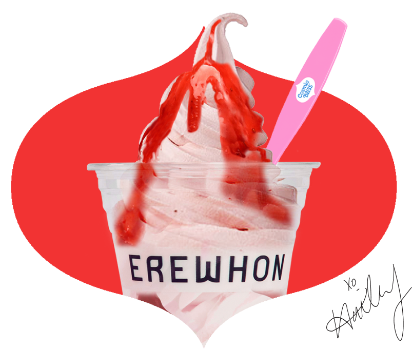 Hailey Bieber's Strawberry Glaze Sundae in an Erwehon-branded plastic cup, with her signature in the corner