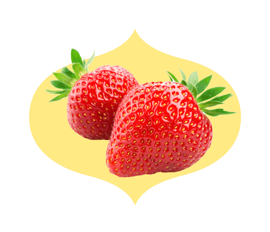 Two juicy strawberries within a bindi frame