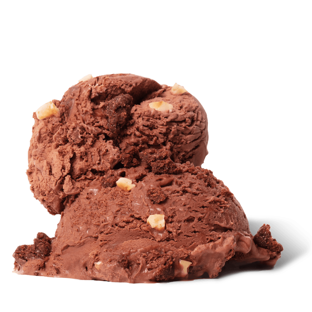 Two scoops of Hazelnut Fudge Crunch ice cream