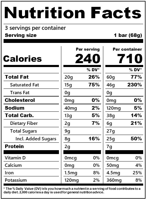 Coconut Almond Crunch Bar nutrition facts. Each bar/serving has 240 calories, there are 3 servings per container.