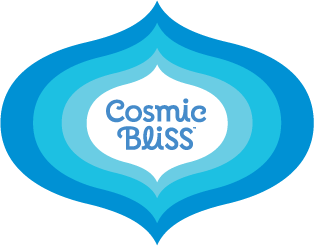 Cosmic Bliss logo with a radiating logo shape in different colors of blue. 