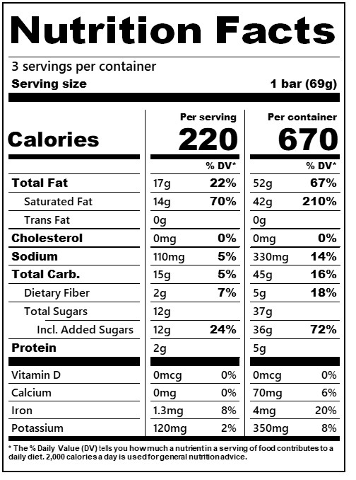 Sea Salt Caramel Swirl Bar nutrition facts. Each bar/serving has 220 calories, there are 3 servings per container.