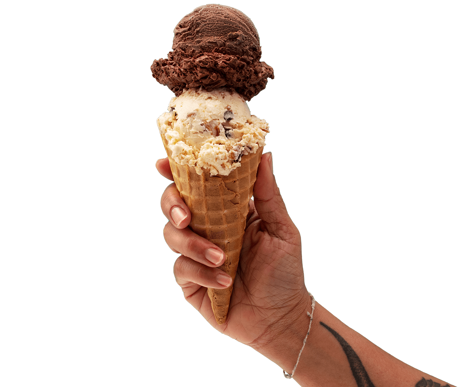 hand holding a waffle cone with 2 scoops of ice cream, vanilla on the bottom and chocolate on top