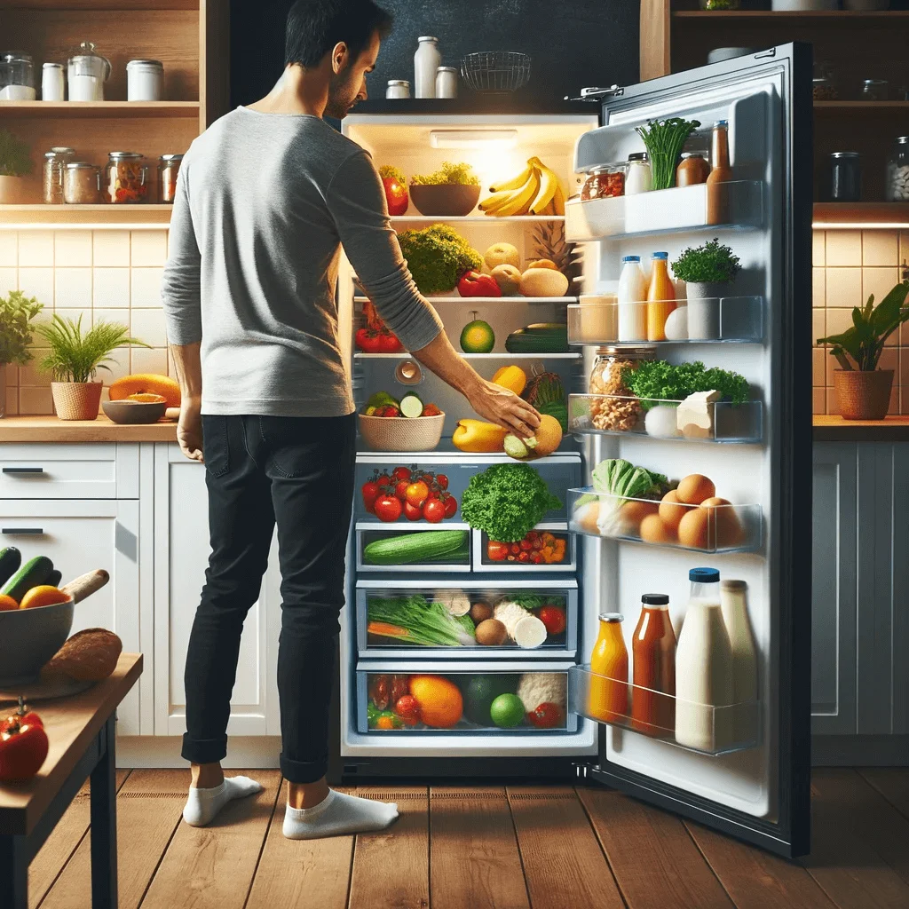 Persona almacenando ordenadamente comida en un refrigerador