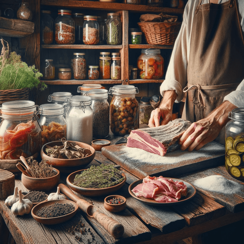 Cocina rústica con conservación de alimentos tradicional, incluyendo salado de carne, secado de hierbas y verduras, y tarros de encurtidos caseros, reflejando la autosuficiencia de los preppers