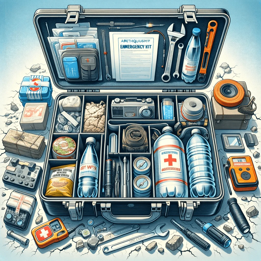 Kit de emergencia para terremotos mostrando agua, alimentos no perecederos, botiquín, linterna, radio y herramientas, resaltando la preparación de preppers.