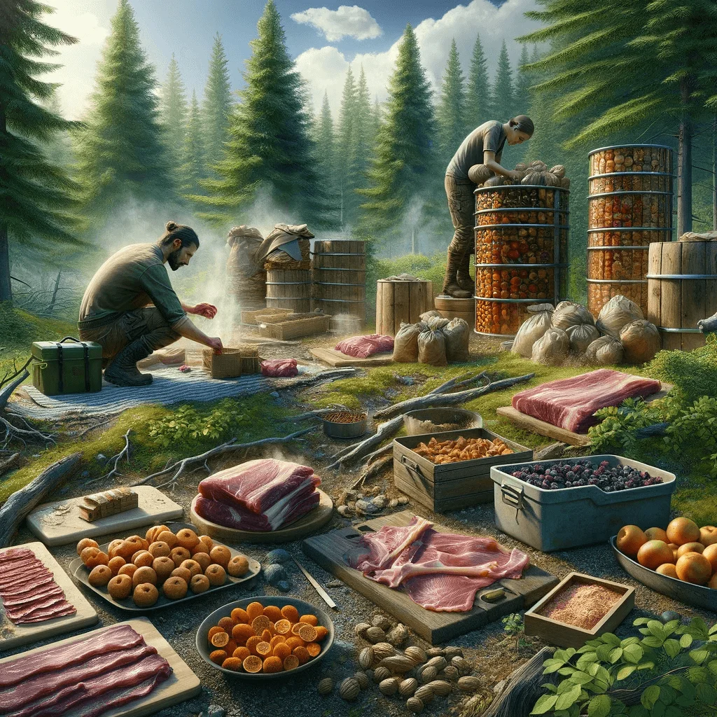 Prepper practicando técnicas de conservación de alimentos en el bosque, salando carne, secando frutas y verduras al aire, y revisando contenedores de almacenamiento enterrados, destacando la independencia y la habilidad en situaciones de supervivencia.