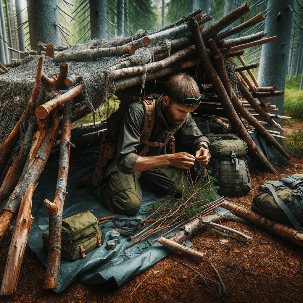 Prepper construyendo activamente un refugio en la naturaleza, utilizando materiales naturales y reciclados como ramas, hojas, lona y cuerda, demostrando habilidades prácticas y determinación en la construcción de refugios de supervivencia.