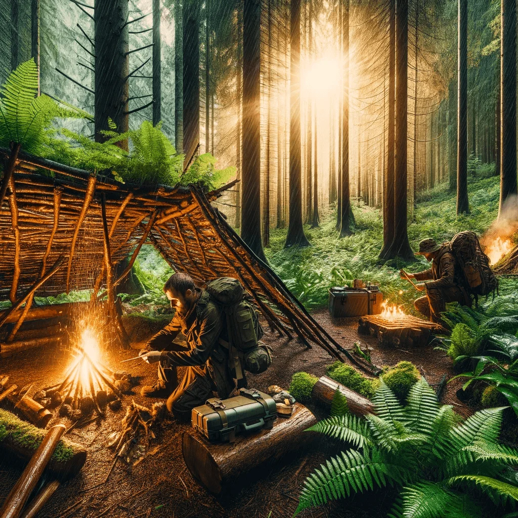 Imagen cautivadora para el blog 'Guía Completa de Supervivencia en Bosques para Preppers', centrada en habilidades esenciales de supervivencia en la naturaleza, mostrando a un prepper utilizando materiales naturales para construir un refugio y un fuego, así como la búsqueda de alimentos en el bosque, en un entorno de bosque denso y vibrante, resaltando la belleza y los desafíos del entorno natural y enfatizando la importancia de habilidades prácticas como la construcción de refugios, la creación de fuego y la búsqueda de alimentos, cruciales para la supervivencia en un entorno forestal