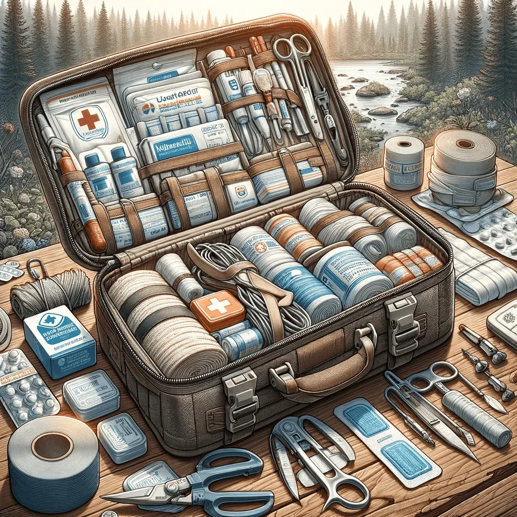 Ilustración detallada de un kit de primeros auxilios esencial para preppers, con contenido claramente visible incluyendo vendajes, antisépticos y suministros médicos de emergencia, en un entorno natural que enfatiza la preparación para situaciones al aire libre y de supervivencia