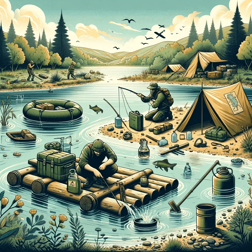 Ilustración representando un escenario de supervivencia en un entorno acuático, mostrando a un prepper utilizando diversas técnicas de supervivencia como un bote improvisado, pesca con caña, purificación de agua y un refugio pequeño en la orilla, en un entorno acuático diverso con un río, árboles y colinas distantes, enfatizando la importancia de adaptar habilidades de supervivencia a entornos basados en agua