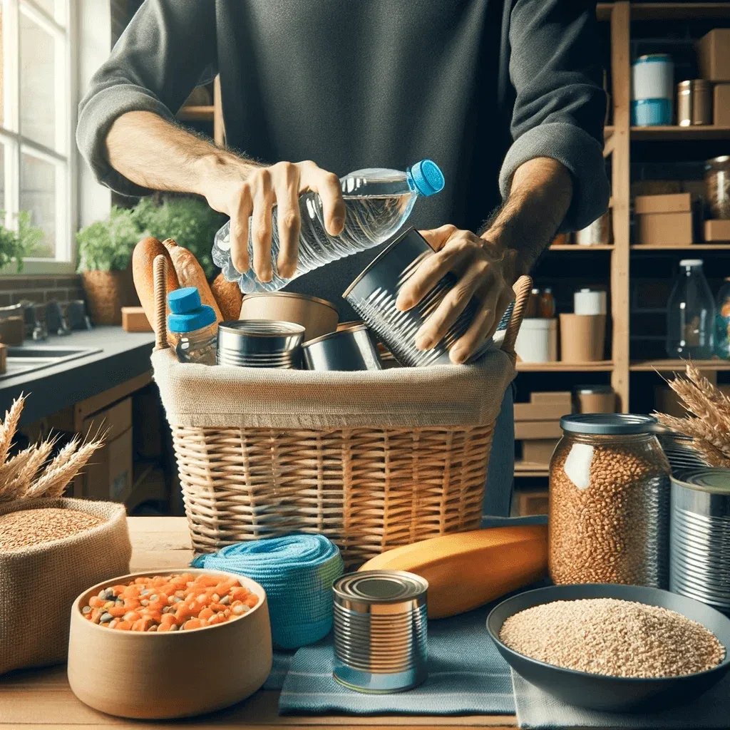 Persona almacenando alimentos no perecederos en una cesta en la cocina