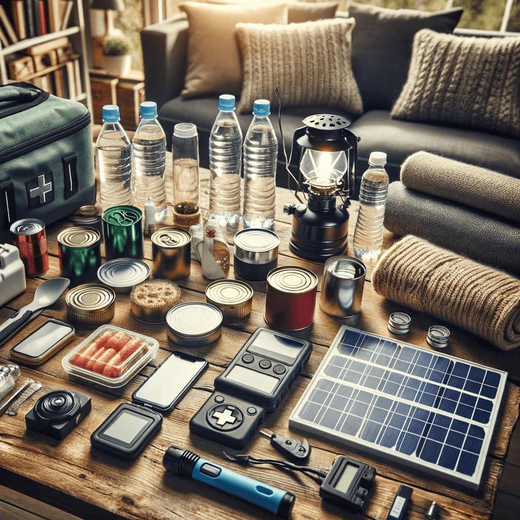 Kit de emergencia para cortes de electricidad con linternas LED, estufa portátil, agua embotellada, alimentos enlatados, mantas, kit de primeros auxilios, radio solar y cargador manual sobre una mesa de madera