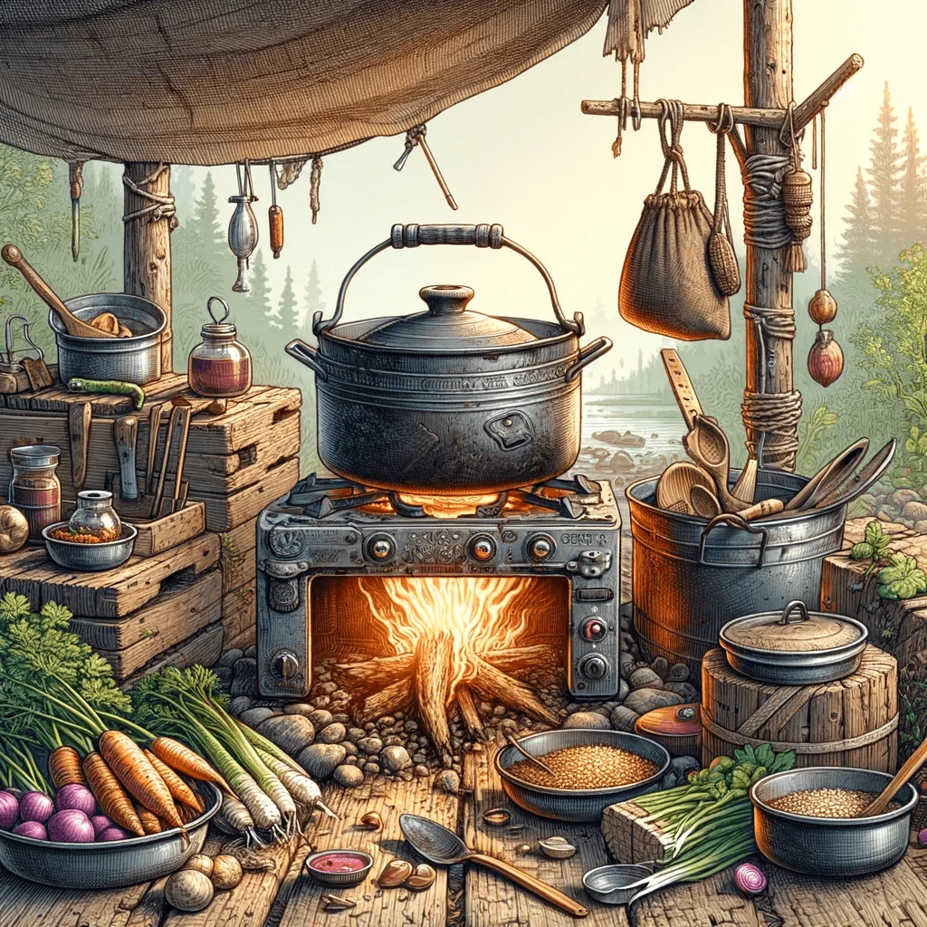 Ilustración de una cocina de supervivencia al aire libre con estufa de leña y utensilios de cocina, incluyendo una olla sobre llama abierta y ingredientes como verduras y granos, en un entorno natural, subrayando la autosuficiencia y la astucia en la cocina sin electricidad