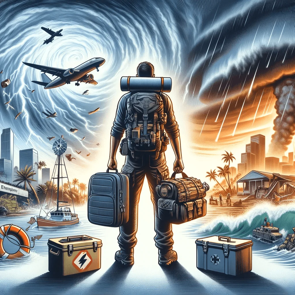 Ilustración de un prepper con un kit de supervivencia bien equipado, listo para enfrentar varios desastres naturales como huracanes, inundaciones y terremotos, destacando en primer plano sobre un fondo de escenas de desastres, simbolizando la preparación, enfatizando la importancia de estar preparado para cualquier desastre natural con suministros esenciales y una actitud decidida, crucial para escenarios de supervivencia