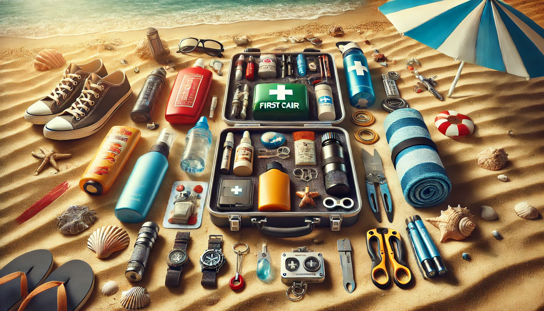 Kit de emergencia para la playa con artículos esenciales