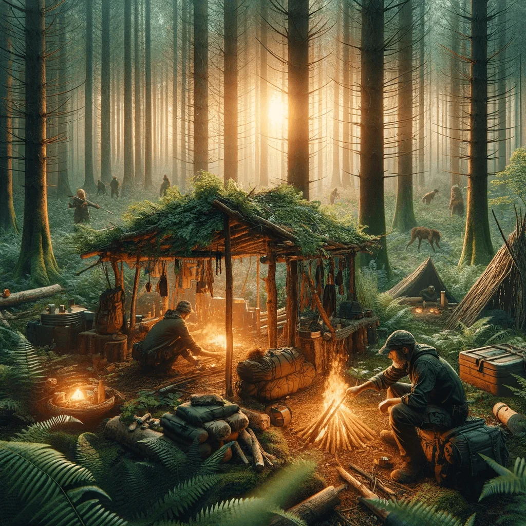 Imagen evocadora para la entrada de blog 'Guía Completa de Supervivencia en Bosques para Preppers', mostrando un entorno de bosque denso con un prepper demostrando varias habilidades de supervivencia, incluyendo construcción de refugio con materiales naturales, búsqueda de plantas comestibles y creación de fuego con técnicas tradicionales, en una atmósfera de bosque que es serena y desafiante, enfatizando las habilidades necesarias para la supervivencia en la naturaleza