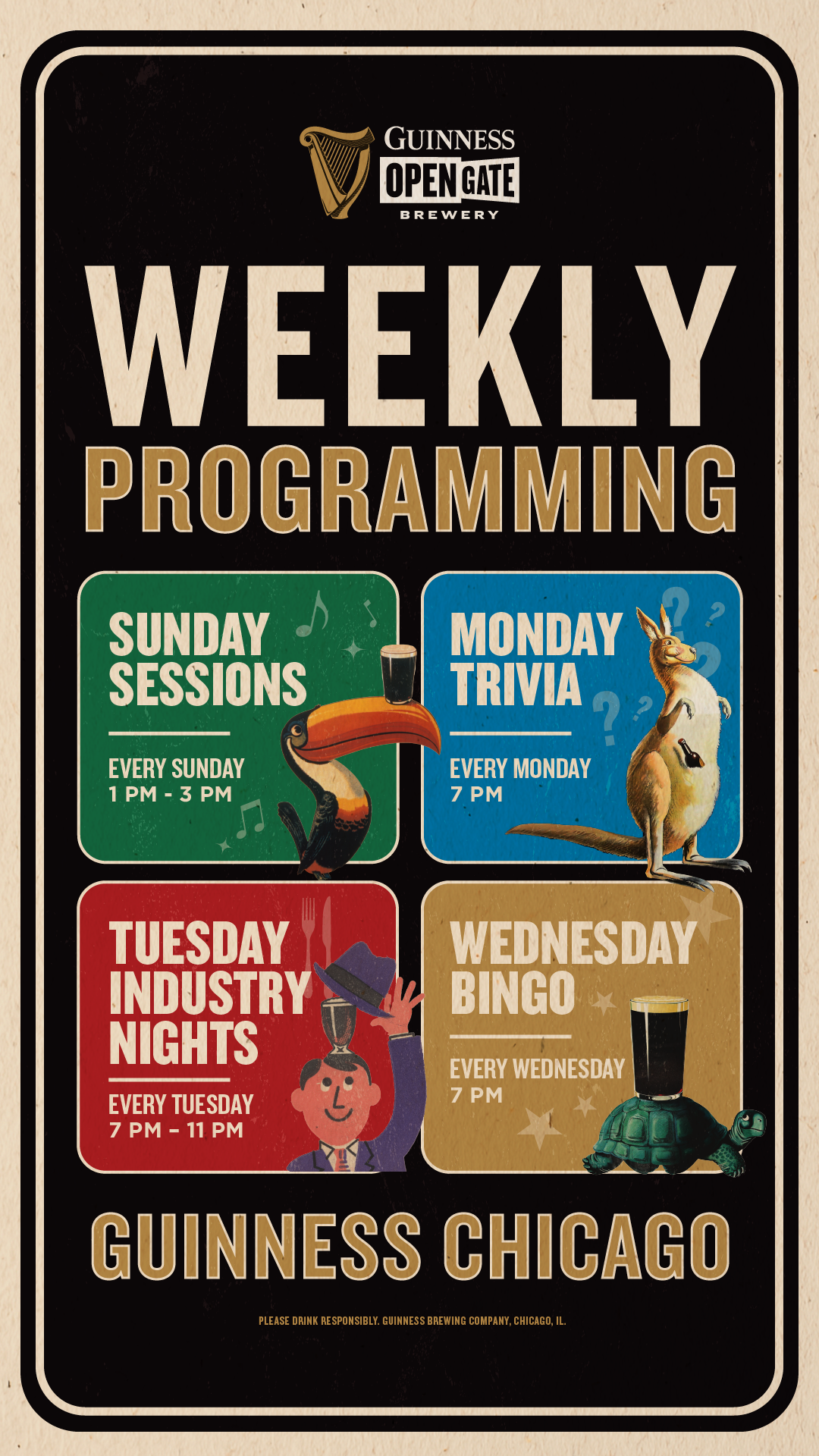 Guinness Chicago weekly programming from Sunday Sessions, Monday Trivia, Tuesday Industry Nights to Wednesday Bingo.